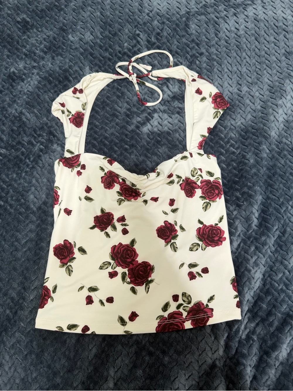 Garage White Halter Cowl Top with Red Rose Print